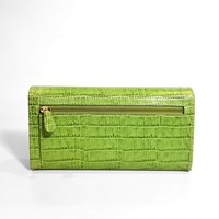 Dompet Panjang Wanita Castello dengan Motif Kulit Sapi Embos Cetak Croco, Penutup Hasp, Kantong Ber-resleting, Lapisan Poliester, Hijau Cokelat