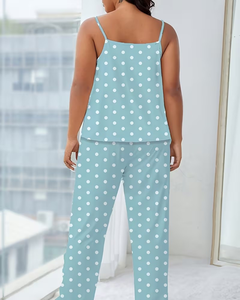 Women Polka Dot Pajama Set Sleeveless Knitted Sleepwear Full Length Pants Elastic Waist Soft Summer Casual Loungewear - Product Image 4