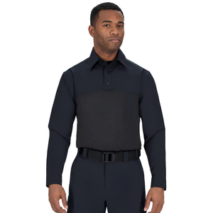 Polo à manches longues pour homme, couleur unie, avec poche, anti-plis, en polyester tissé, coupe classique - Product Image 4