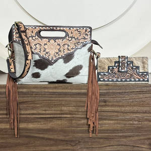 Nuevo Bolso de Lujo de Gran Capacidad de Cuero Genuino Grabado a Mano con Cremallera y Flecos, Tipo Bandolera, con Cartera Bifold y Clutch, Set de Dos Piezas - Product Image 4