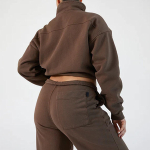 Conjunto de Sudadera y Pantalones Cortos de Forro Polar para Mujer, Estilo Otoñal, Cuello Alto, Hombros Caídos, Diseño Sólido - Product Image 3