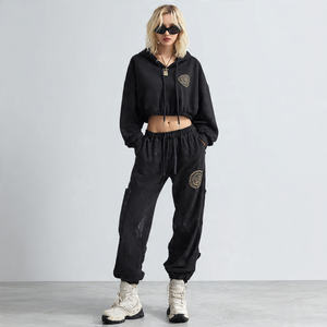 Mujeres Crop Distress bordado chándal Streetwear Jogger Sun Fad cremallera Sudadera con capucha y pantalones de chándal Crop Distress bordado chándal - Product Image 2