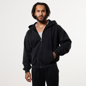 Men's Oversized Black Fleece Zip-Up <b>Hoodie</b> Regular Fit Casual Autumn Wear Solid Color Knitted Cotton Sweatshirt - Product Image 6