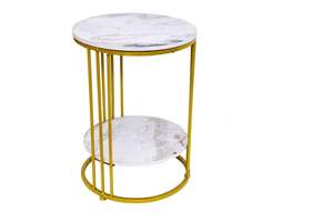 Mesa Auxiliar Redonda con Tapa de Madera y Estructura de Metal Dorado para Sala de Estar, Dormitorio, Oficina, Mueble de Acento Moderno y Elegante, Duradero - Product Image 2