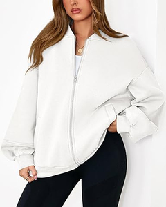 Women's White Knitted Blouson Jacket Full Sleeve Stand Collar Zipper Closure Autumn Style Breathable Drop-Shoulder Design - Product Image 6