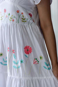 White Floral Embroidered Cotton Midi <b>Dress</b> V-Neck <b>Ruffle</b> Sleeve A-Line Loose Fit Casual Summer Wear - Product Image 3
