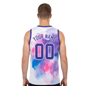 Ensemble d'uniformes de basket-ball imprimés en aquarelle pour hommes, maillot sans manches à col en V avec short uni, noms d'équipes et numéros de joueurs imprimés - Product Image 4