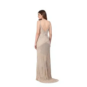 Luxury Hand-Beaded V-Neck Evening Gown Elegant Nude <b>Silver</b> Geometric Sequins Maxi Prom <b>Dress</b> for <b>Women</b> - Product Image 2