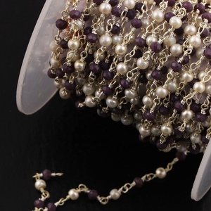 Chaîne de perles rondes en pierre précieuse hydro-perle violette, plaquée argent 925, pour la fabrication de bijoux, avec corail rouge et perle naturelle, en sac OPP, vente en gros - Product Image 3