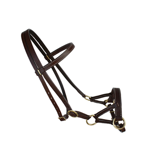 Bridon en cuir marron avec ferrures en laiton et surpiqûres blanches - Product Image 5