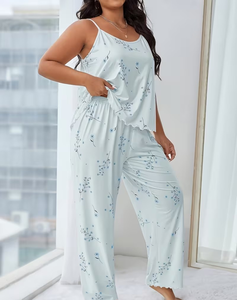 Women Geometric Print Halter Neck Sleeveless Casual Pajama Set Knitted Soft Full Length Pants Elastic Waist Summer Cozy - Product Image 5