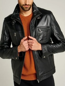 Chaqueta de Motero de Cuero Genuino Negro para Hombre - Product Image 3