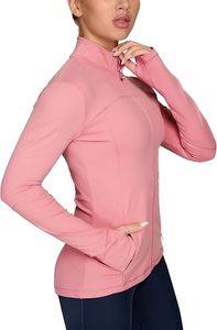 Camiseta Deportiva de Manga Larga con Cuello Alto y Cremallera para Mujer, Color Rosa, Transpirable, de Spandex y Poliéster, Ajuste Ceñido, Estilo Casual - Product Image 1