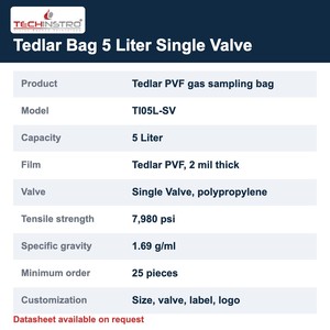 Bolsa de muestreo de gases TECHINSTRO Tedlar de 5 litros con válvula única de película PVF, a prueba de fugas, para muestreo de gases de combustión y de suelo (VOC) - Product Image 6