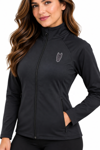Women's Black Equestrian Riding Jacket with Full Zip High Collar <b>Stretch</b> Fit Elegant Chest <b>Back</b> Logo Waterproof Lightweight - Product Image 4