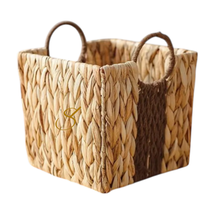 Panier de rangement en paille tressée à la main : Boîte de pique-nique rustique en jacinthe d'eau - Product Image 2