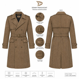 Gabardina de mezclilla sobrachapada para hombre, color marrón camel, larga, con doble botonadura y cinturón, ropa exterior de moda personalizada de primera calidad - Product Image 6