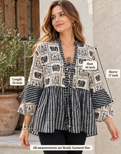 Women’s Boho Peplum Top, Black Cream Block Print Tunic, Flared Sleeve Casual Blouse - Product Image 5