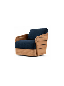 Fauteuil moderne en bois massif avec revêtement en tissu bleu marine, design mi-siècle pour salon et mobilier de détente - Product Image 2