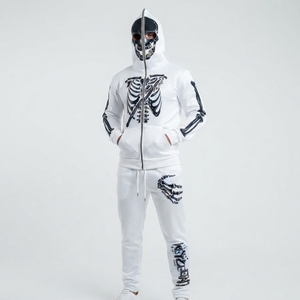 Wholesale Men's <b>White</b> Skeleton Print Hooded Tracksuit Full Sleeve Zipper Front Streetwear <b>Joggers</b> With Side Pockets Autumn Wear - Product Image 1