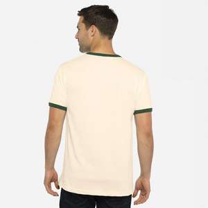 T-shirt à manches courtes pour homme en crème avec bordure contrastée bordeaux, coupe classique, jersey décontracté en coton, col rond, couleur unie - Product Image 4
