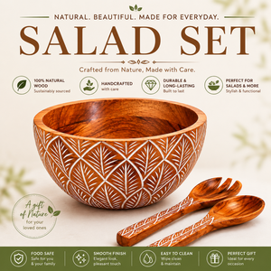 Ensemble de saladiers en bois faits à la main avec cuillères de service |   Grand bol rond à motif de feuilles sculptées pour fruits, légumes, pâtes, collations - Product Image 5