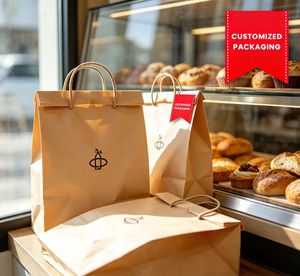Sacs en papier kraft recyclables personnalisés pour la vente au détail et l'alimentation, sacs à emporter en papier kraft de qualité supérieure avec poignées torsadées - Product Image 1