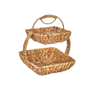 Bandeja de 2 niveles de jacinto de agua con borde festoneado, rústica y decorativa, con asa, organizador versátil para el hogar, de Vietnam, al por mayor - Product Image 1