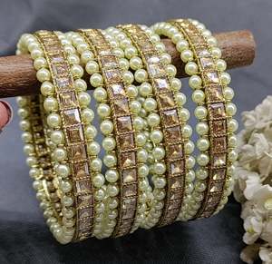Twini Polki Brass <b>Bangles</b> with Imitation Pearl and Round Shape for Women Indian Traditional Jewelry for Bride Party Occasion - Product Image 2