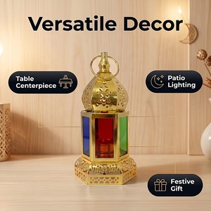 Imperial <b>Gold</b> Metal Moroccan <b>Lantern</b> with Multicolor Glass Panels Decorative Candle Holder for Ramadan Home Table Decor - Product Image 2