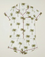 Ensemble short et haut à manches longues en coton indien tissé, thermique, respirant, réversible, col en V, fermeture boutonnée, motif palmier vert vif dessiné à la main