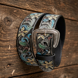 Cinturón de Cuero Occidental con Diseño Floral Pintado a Mano, Cinturón Vaquero de Lujo con Grabado de Hojas en Piel de Vaca Premium, Listo para Enviar - Product Image 1