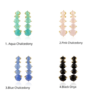18k Gold Plated <b>Black</b> Onyx Chalcedony Gemstone <b>Stud</b> <b>Earring</b> Women's Round Cut Latest Style Fashion Accessories Elegant Jewelry - Product Image 1