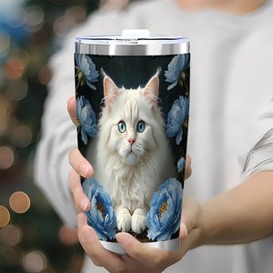 Stainless Steel Tumbler 20oz Double Wall Insulated Drinkware <b>Reusable</b> Eco Friendly Travel <b>Mug</b> With Cat And Blue Flowers Design - Product Image 3