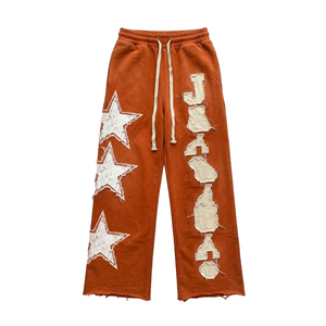Pantalon de survêtement évasé OEM brodé effet vieilli 450 GSM avec cordon de serrage à la taille, pantalon ample brodé effet vieilli, pyjama - Product Image 5