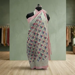Pink Green Floral Hand Block Printed Cotton <b>Sarong</b> Scarf with Geometric Border Lightweight Beach Wrap Stole for Women - Product Image 4