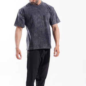 T-shirt en coton décontracté à col rond et manches courtes pour homme, coupe régulière, couleur unie, effet délavé, tricot jersey, noir et gris, vente en gros 2026 - Product Image 4