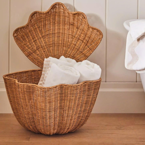 Unique Shell-Shaped Rattan <b>Storage</b> Basket with Lid, Handmade Wicker Nursery <b>Hamper</b> for Coastal Home Decor - Product Image 1