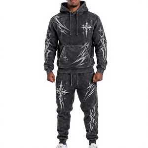 Custom LOGO Streetwear Jogging <b>Set</b> Zip up Acid Wash Tracksuit SweatSuit Hoodie and Straight Leg <b>Sweatpants</b> <b>Set</b> Men Hoodie - Product Image 1