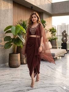 Luxury Women Indo Western Dhoti Saree Set in Georgette Fabric with Fancy Sequin Crop Top and Sheer <b>Cape</b> - Product Image 5