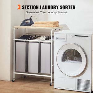 Asse da Stiro a 3 Sezioni Resistente e Carrello Portabiancheria con 3 Sacchi Rimovibili e Ruote Bloccabili per Uso Domestico - Product Image 6