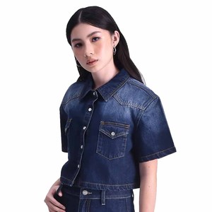 Chemisier en jean respirant à manches courtes pour femme, en coton de haute qualité, style décontracté, personnalisable - Product Image 2