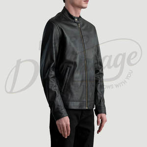 Chaqueta de Cuero Genuino Negra para Hombre, Estilo Motero, Cuello Alto Minimalista, Corte Ajustado, Elegante, Informal - Product Image 5
