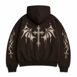 Sudadera con Capucha para Hombre, Estampado Digital de Cruz Gótica y Alas de Murciélago, Lavado Ácido, Bolsillo Frontal, Corte Regular, Algodón French Terry, Invierno - Product Image 2