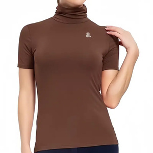 Haut décontracté à col roulé et manches courtes pour femme, en jersey de couleur unie, coupe classique, respirant, en coton biologique non tissé, impression personnalisée - Product Image 5