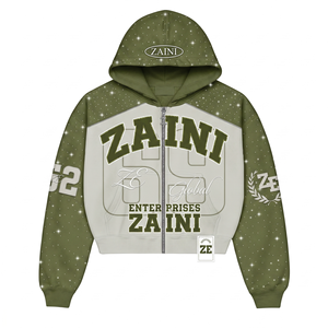 Sudadera con capucha para hombre con cremallera, 350 g/m², tejido de poliéster/algodón, antipilling, transpirable, para invierno, con bordado de chenilla personalizado, verde oliva y blanco - Product Image 2