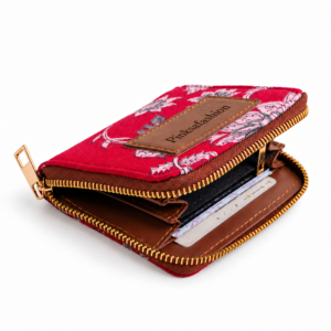 Cartera con cremallera y estampado floral rojo para mujer, con ranuras para tarjetas, bolsillo para monedas y ribete marrón - Product Image 2