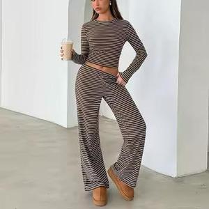 Women's Striped <b>Knitted</b> 2 Piece <b>Set</b> Long Sleeve O-Neck Top High Waist Full Length Pants Breathable Casual Spring Summer Wear - Product Image 2
