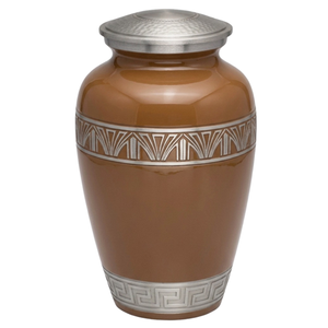 Urne funéraire marron pour adulte avec bande Art Déco argentée et motif clé grecque, en alliage d'aluminium, pour cendres humaines. - Product Image 1