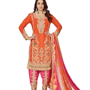 Último diseñador Chinon seda bordado encaje y espejo trabajo Dhoti traje por Fab Zone - Product Image 1